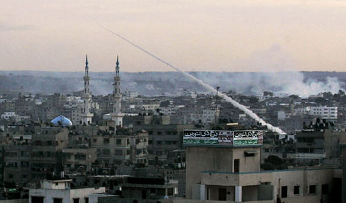 A rocket fired from a densely populated civilian area in Gaza towards Israel (AP)